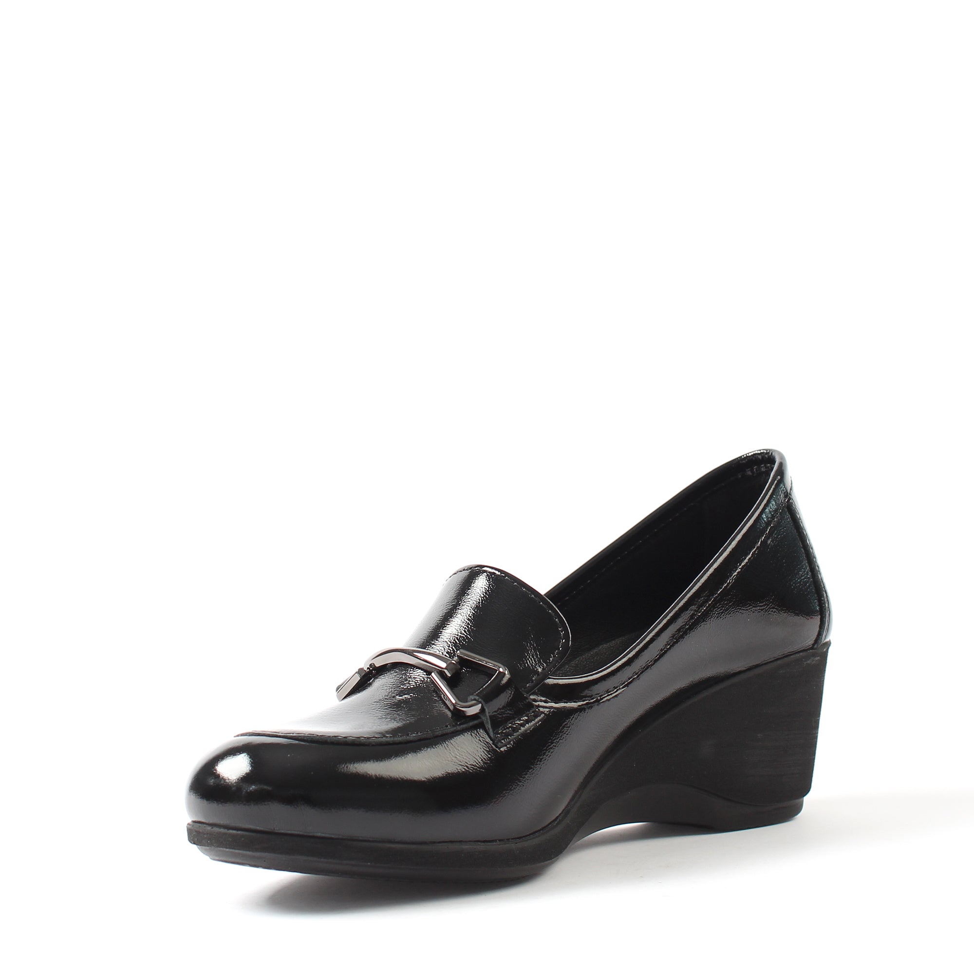 Women's Black Patent Leather Wedges with Decorative Detail (376-20429)