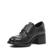 Women's Black Leather Block Heel Shoes with Side Buckle Strap (727-28666)