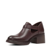 Women's Brown Leather Block Heel Shoes with Side Buckle Strap (727-28634)