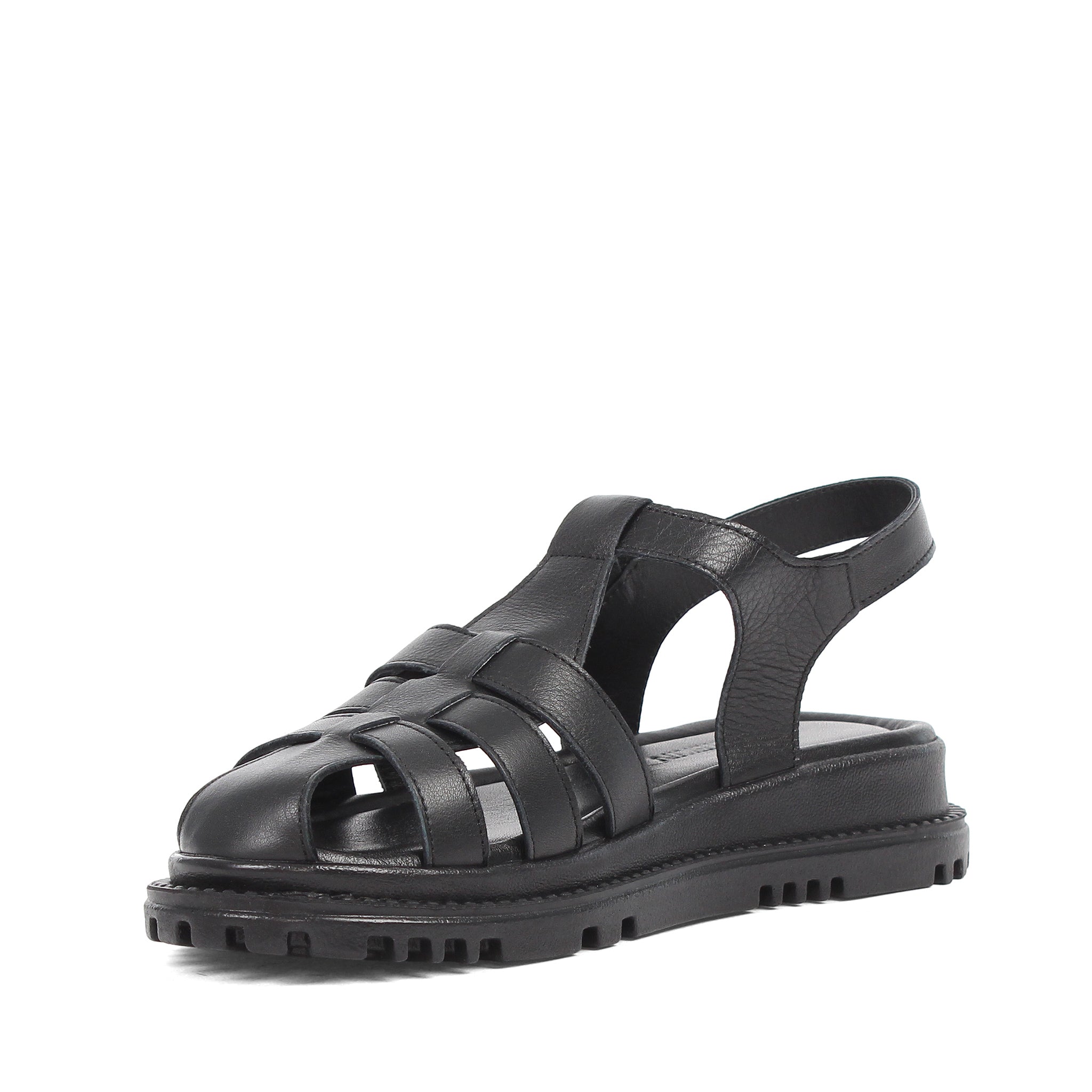 Women's Black Leather Fisherman Sandals with Adjustable Buckle (728-28505)