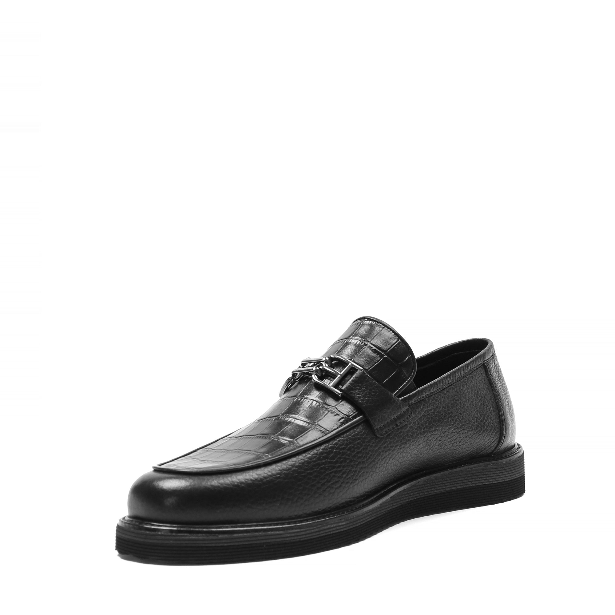 Men's Black Leather Loafers with Croco Pattern (642-1530)