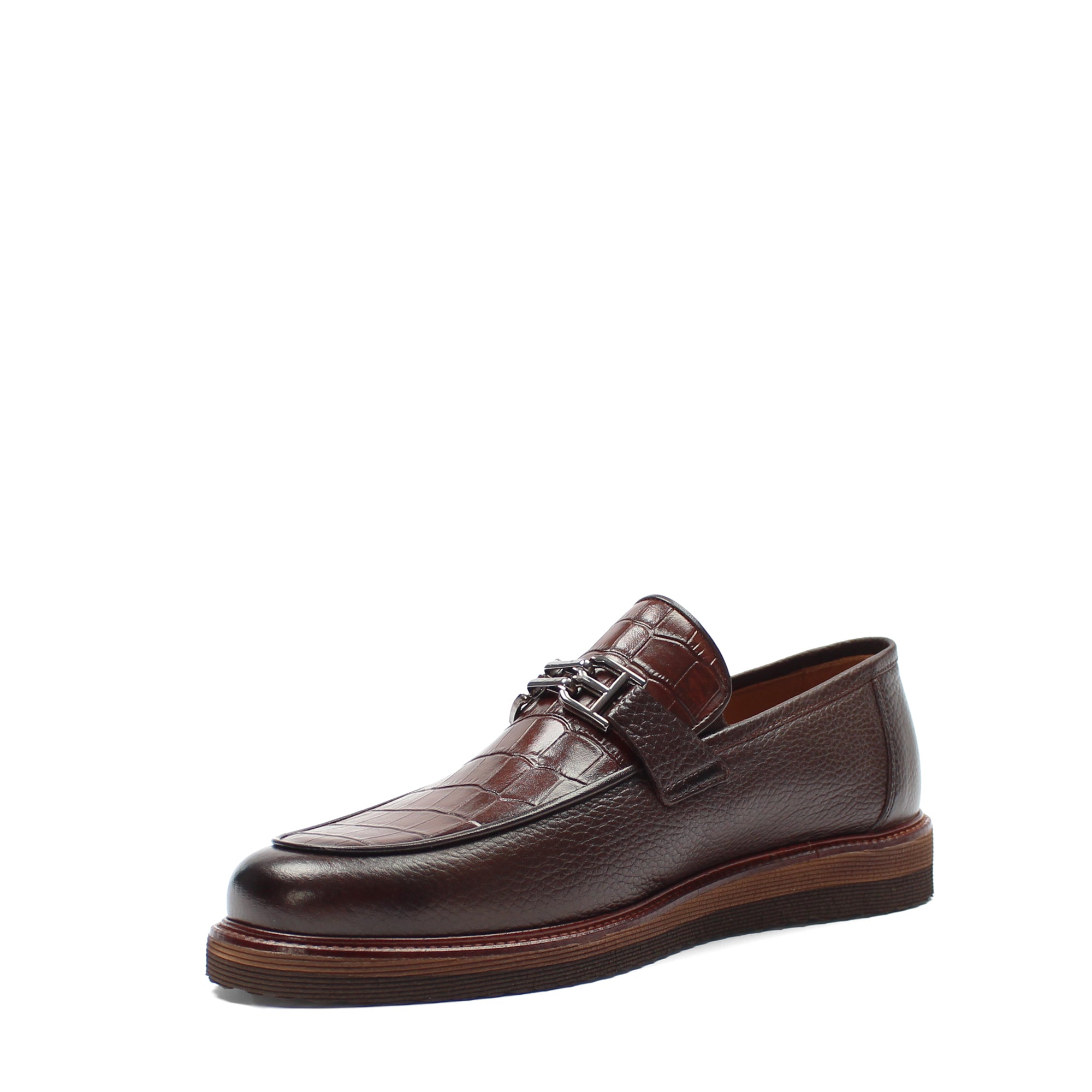 Men's Brown Leather Loafers with Croco Pattern (642-1530)