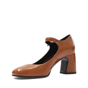 Damen Mary Jane Pumps aus schwarzem Lackleder mit Blockabsatz und Riemen (752-31700)