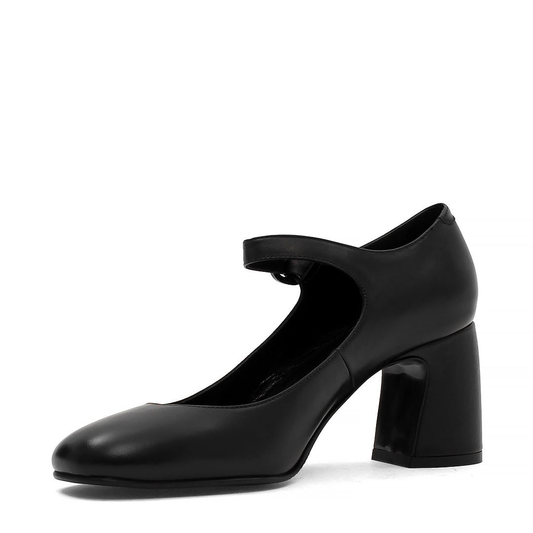 Damen Mary Jane Pumps aus schwarzem Leder mit Blockabsatz und Riemen (752-31700)