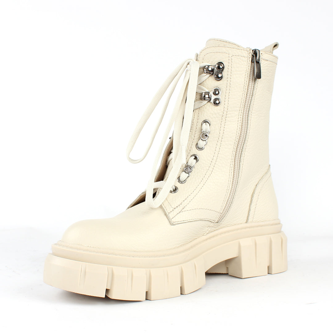Damen Beige Leder-Schnürstiefel mit Blockabsatz (029-20130)