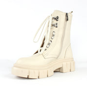 Damen Beige Leder-Schnürstiefel mit Blockabsatz (029-20130)