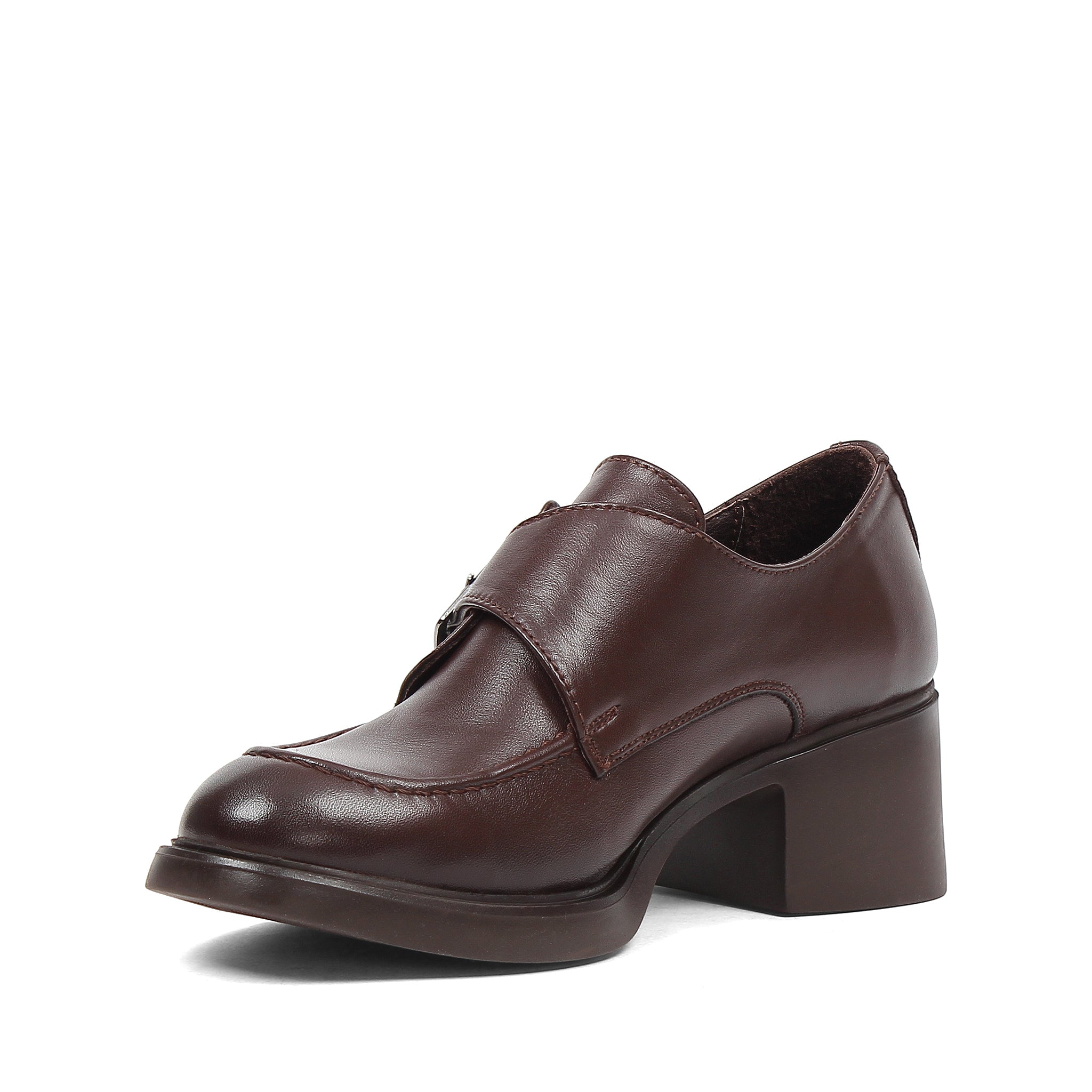 Women's Brown Leather Block Heel Shoes with Side Buckle Strap (727-28666)