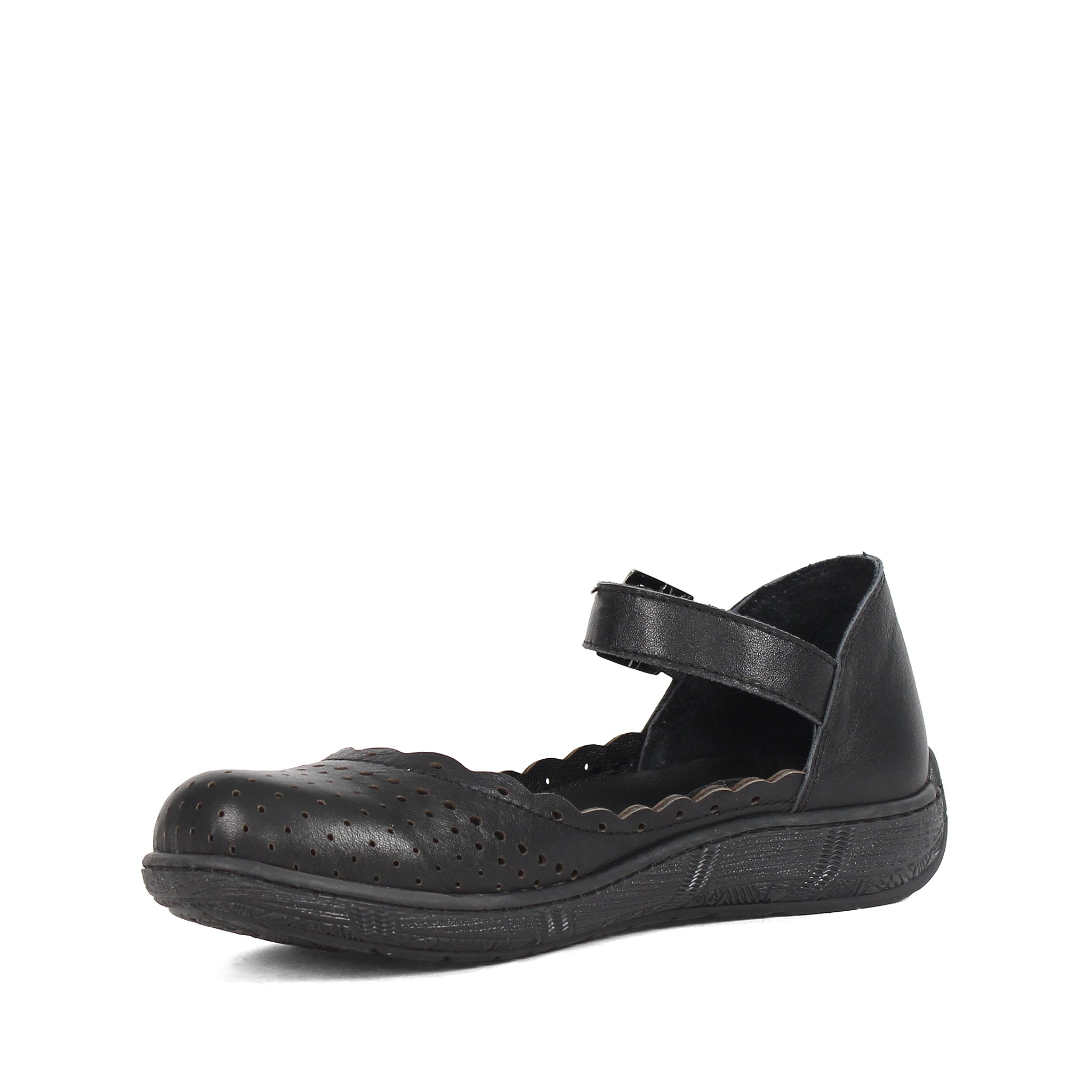 Damen Mary Jane Ballerinas aus schwarzem Leder mit Lochmuster und Schnalle (288-31106)