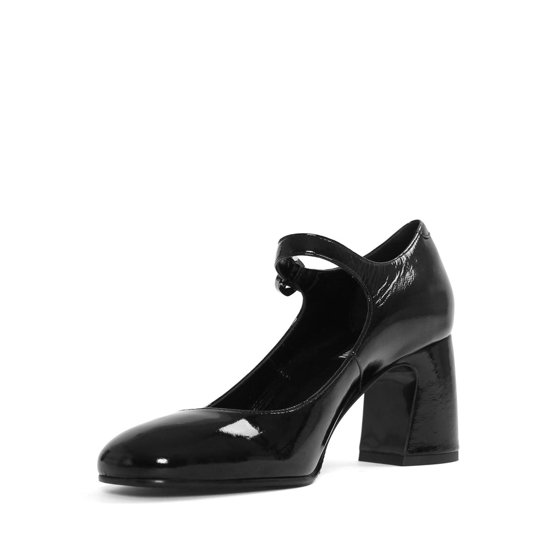 Damen Mary Jane Pumps aus schwarzem Lackleder mit Blockabsatz und Riemen (752-31700)