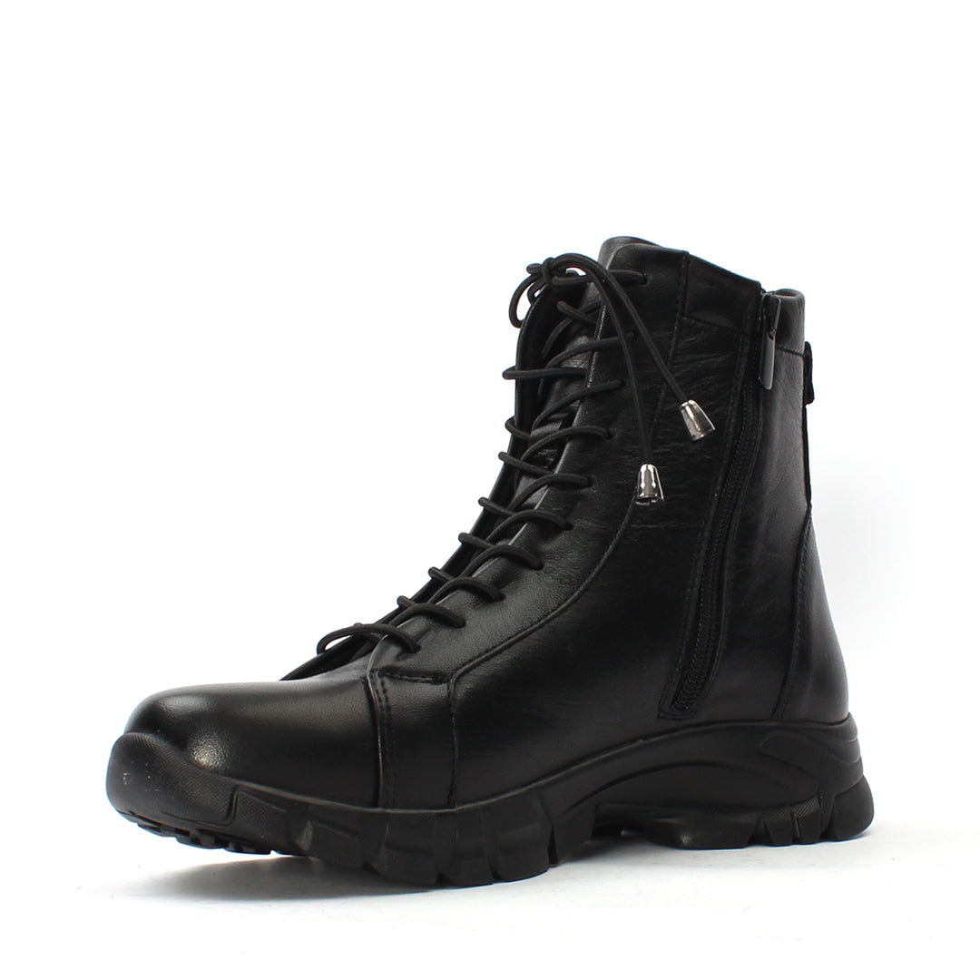 Damen Schwarze Leder-Stiefeletten mit flacher Sohle (727-28602)