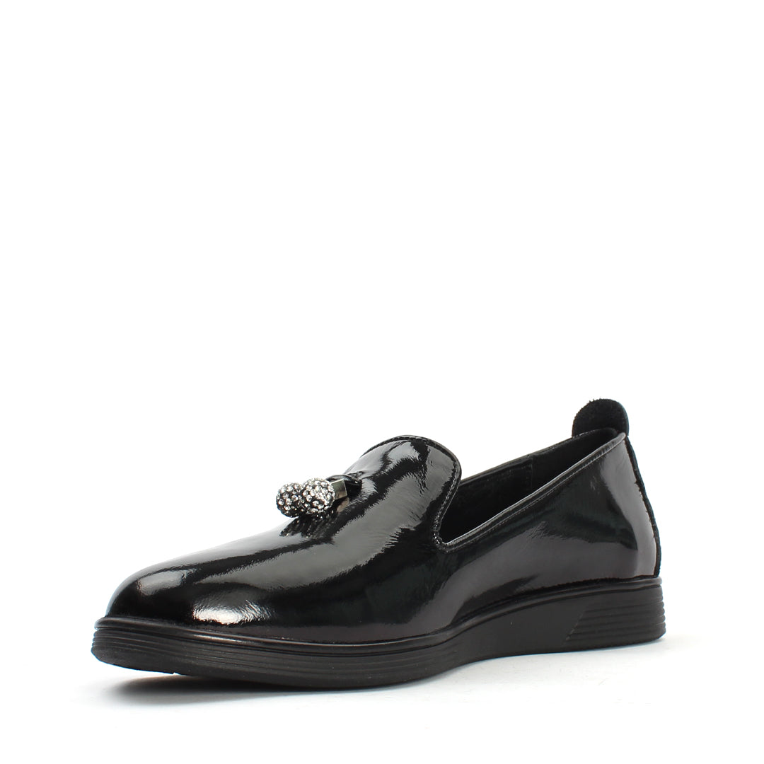 Damen Schwarze Lack-Loafer mit Schmuckverzierung (376-20415)