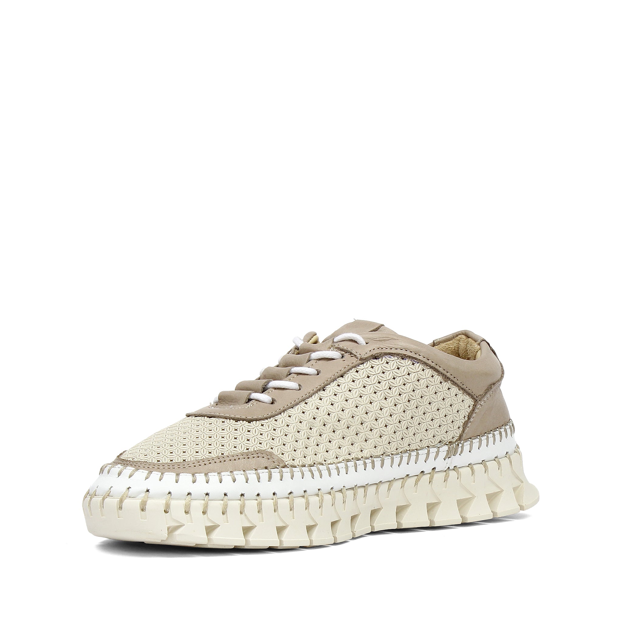 Damen Leder-Sneaker in Beige mit Lasercut-Muster und Kontrastdetails (759-33502)