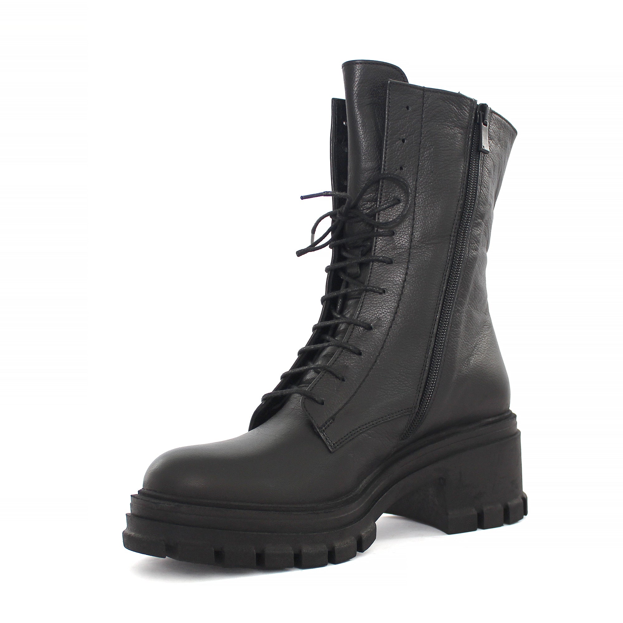 Damen Schwarze Leder-Kampfstiefel mit hohem Blockabsatz (625-23948)