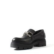 Women's Black Leather Loafers with Block Heel (383-20966)