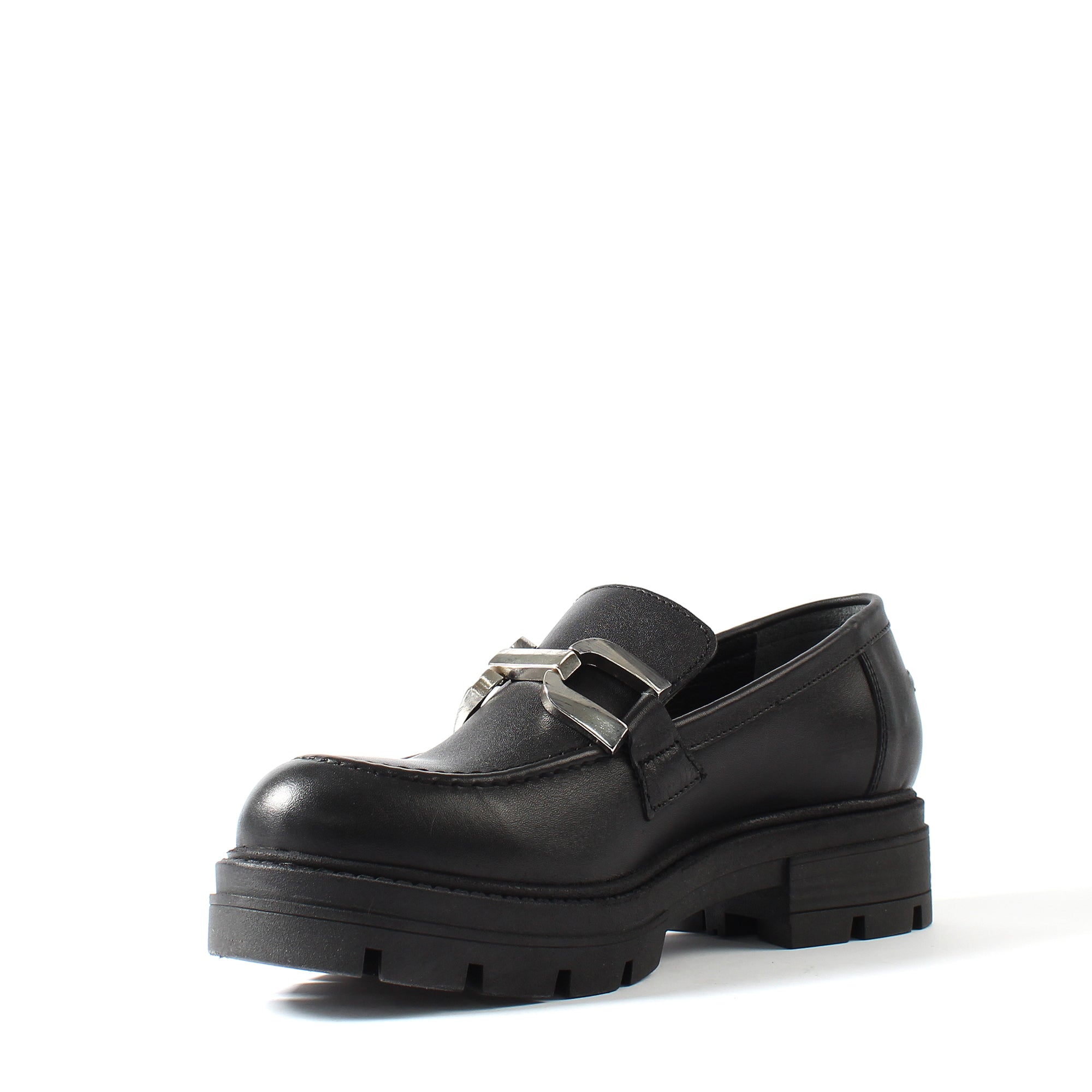Women's Black Leather Loafers with Block Heel (383-20966)