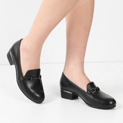 Damen Schwarze Leder-Klassikschuhe mit Blockabsatz (494-25823)