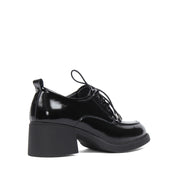 Women's Black Patent Block Heel Oxford Shoes with Laces (727-28639)