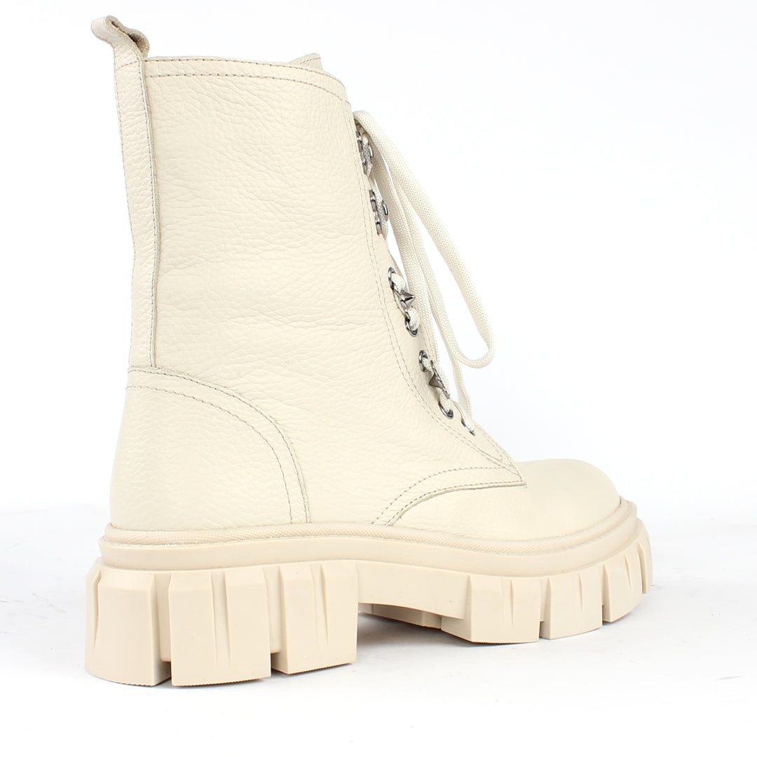 Damen Beige Leder-Schnürstiefel mit Blockabsatz (029-20130)
