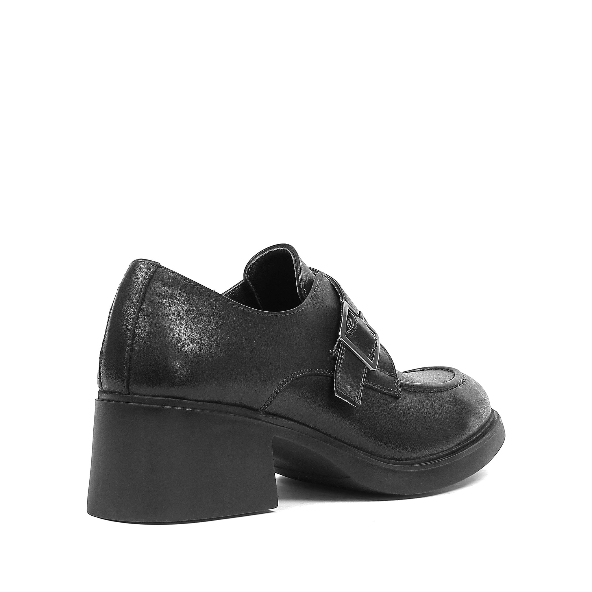 Women's Black Leather Block Heel Shoes with Side Buckle Strap (727-28666)
