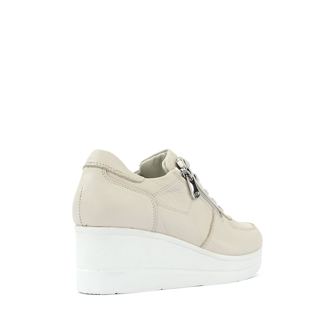 Women's Beige Leather Wedge Sneakers with Zipper (115-162)