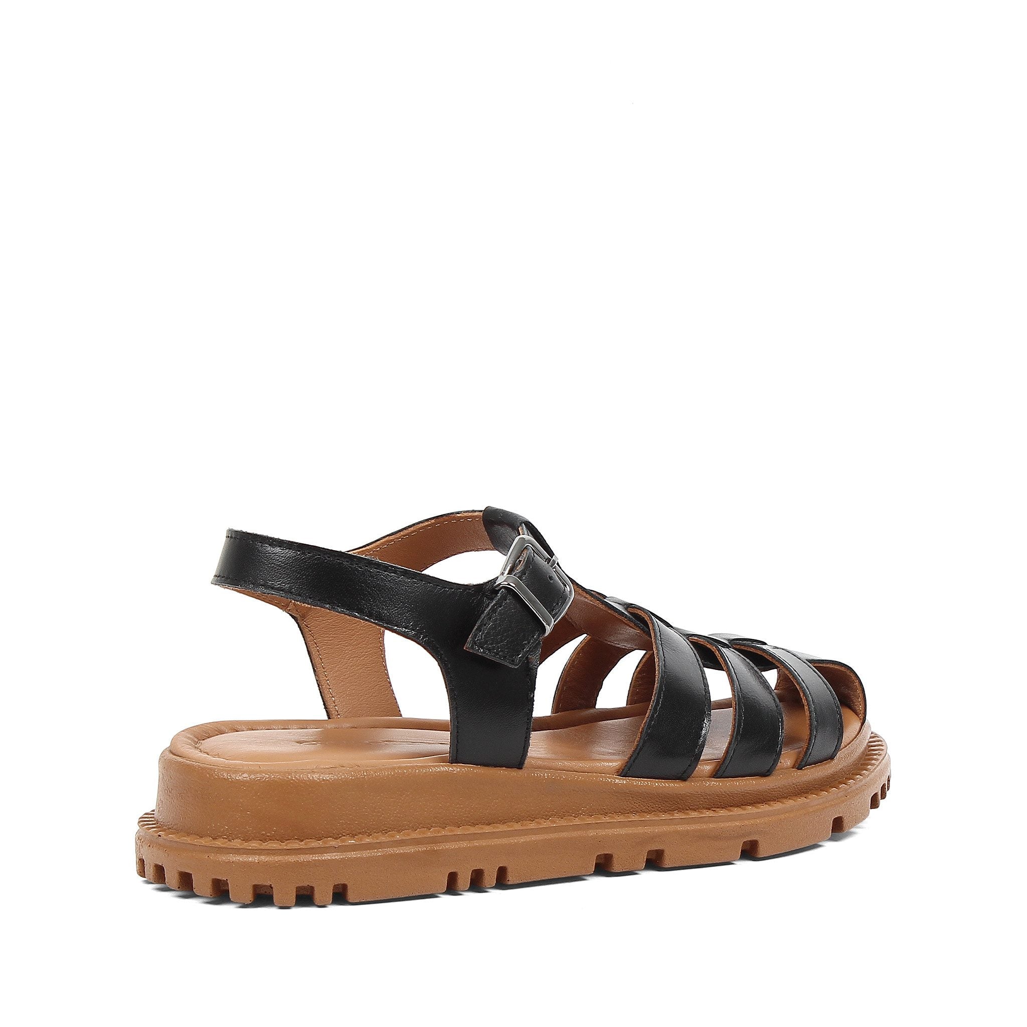 Women's Black Leather Fisherman Sandals with Adjustable Buckle (728-28505)