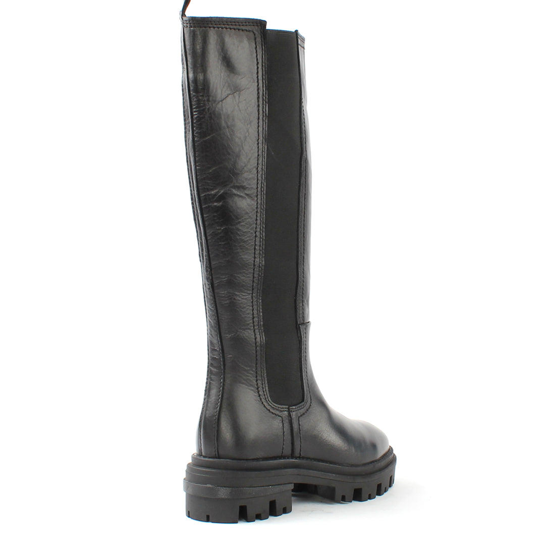 Damen Schwarze Kniehohe Leder-Stiefel mit Chunky-Sohle (029-20141)