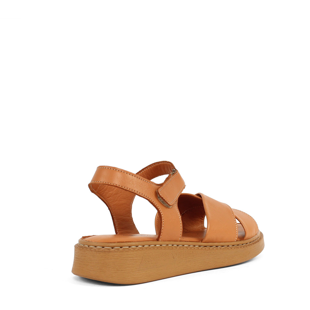 Damen Sandalen aus cognacfarbenem Leder mit Klettverschluss und Plateau (366-28211)