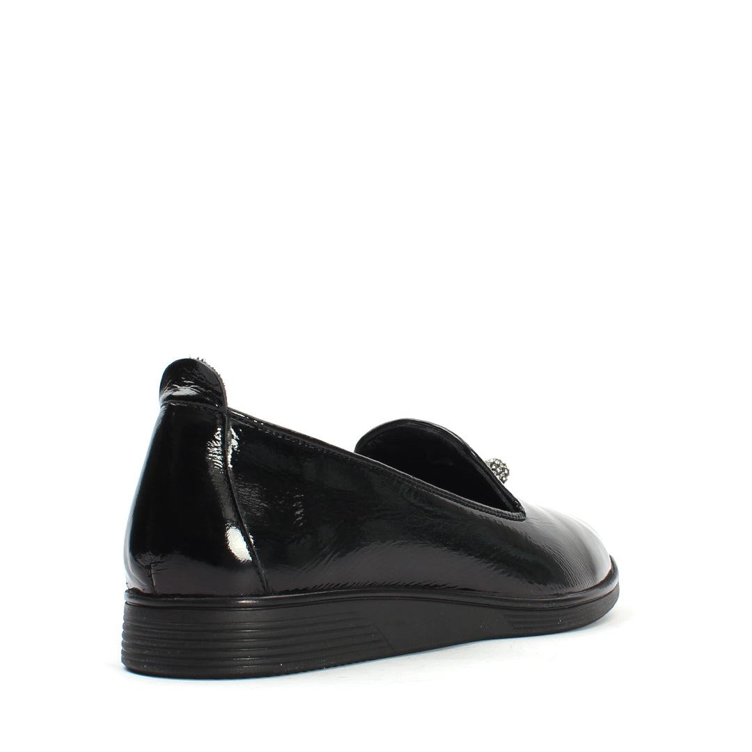 Damen Schwarze Lack-Loafer mit Schmuckverzierung (376-20415)