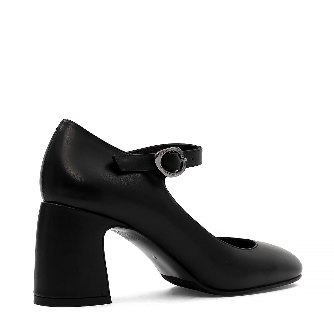 Damen Mary Jane Pumps aus schwarzem Leder mit Blockabsatz und Riemen (752-31700)