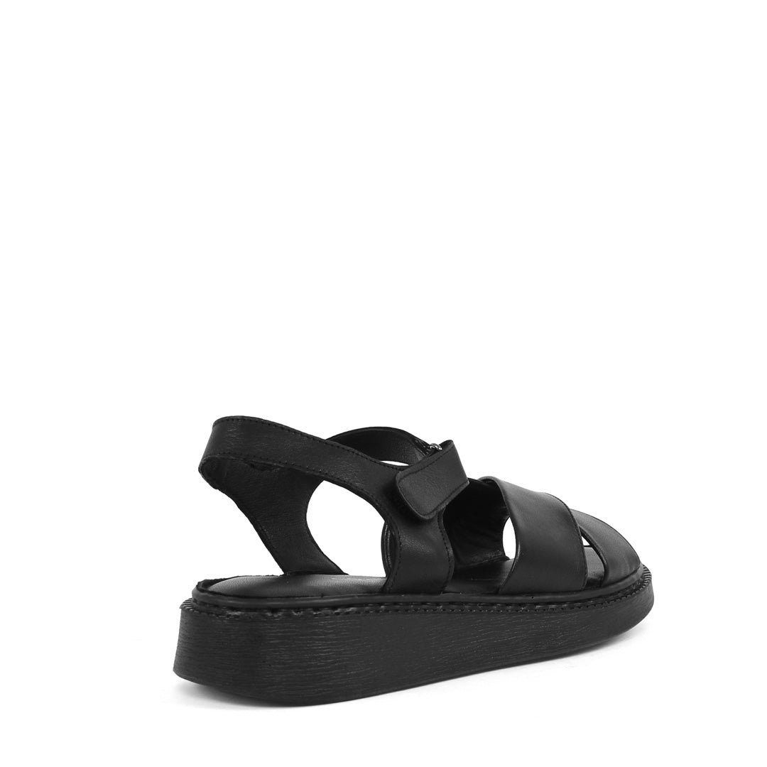 Damen Sandalen aus schwarzem Leder mit Klettverschluss und Plateau (366-28211)