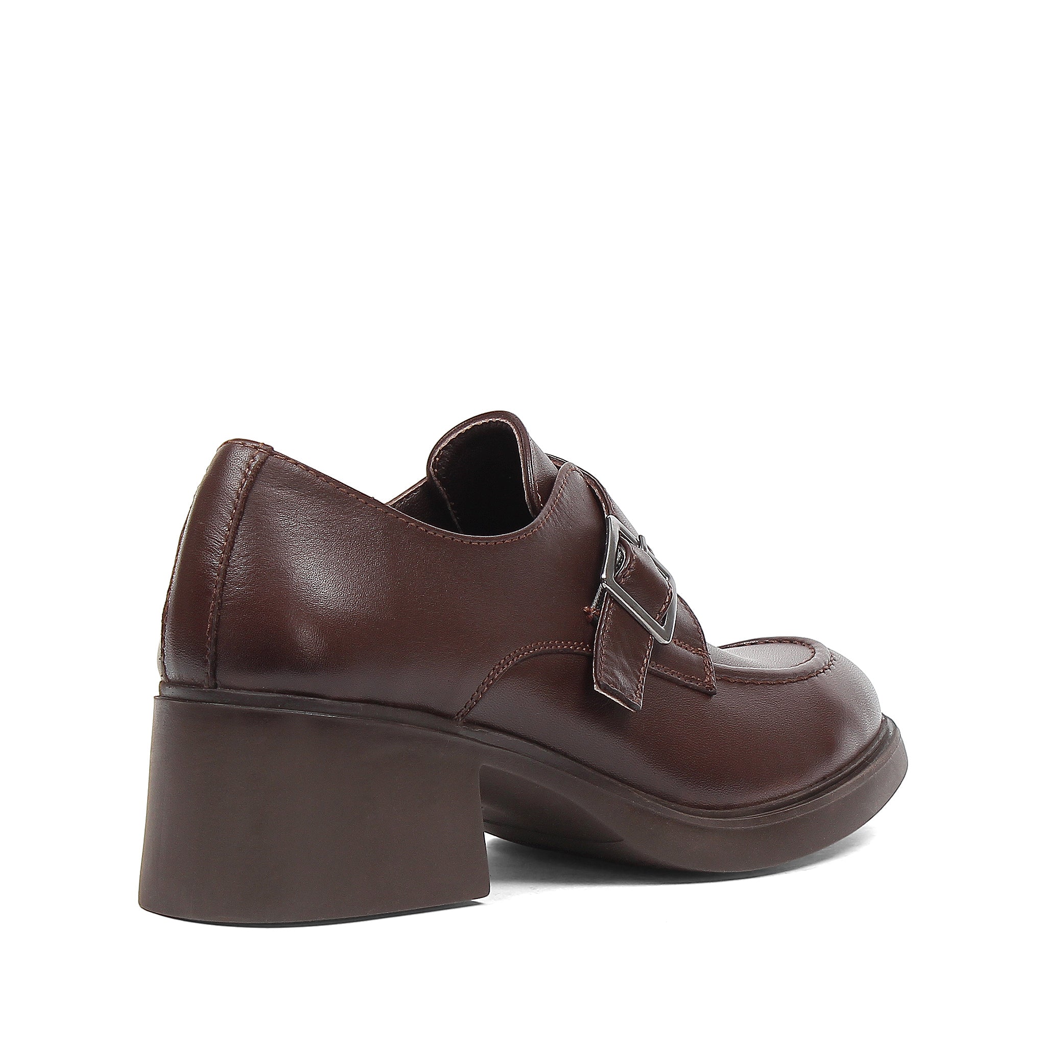 Women's Brown Leather Block Heel Shoes with Side Buckle Strap (727-28666)
