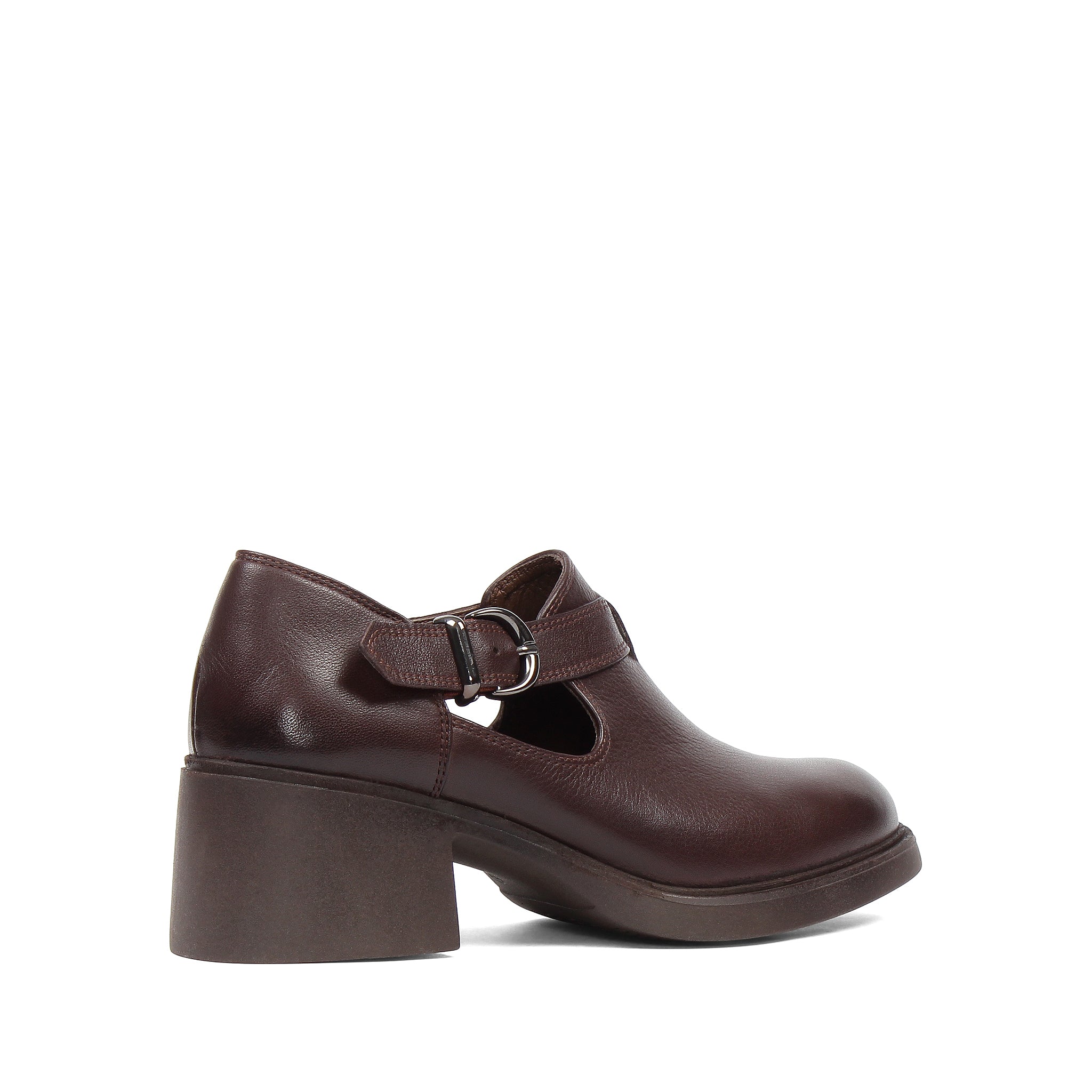 Women's Brown Leather Block Heel Shoes with Side Buckle Strap (727-28634)