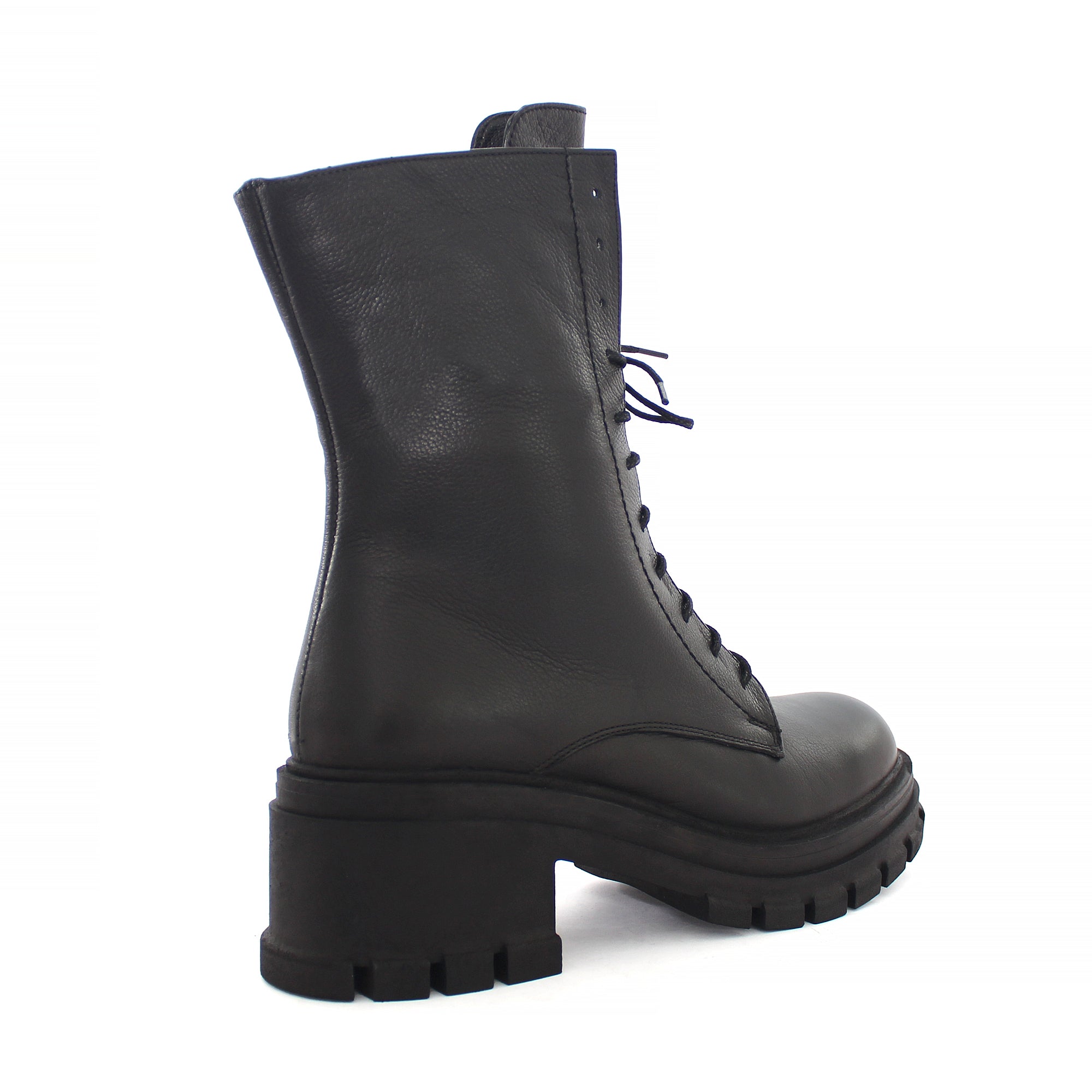 Damen Schwarze Leder-Kampfstiefel mit hohem Blockabsatz (625-23948)