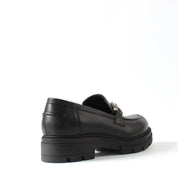 Women's Black Leather Loafers with Block Heel (383-20966)