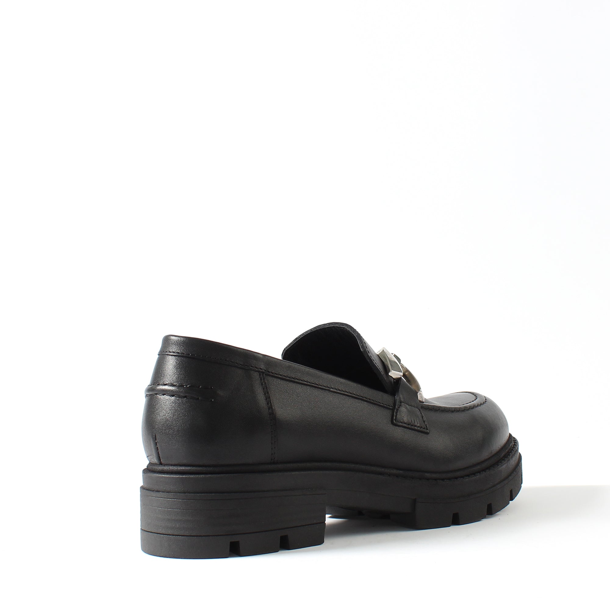 Women's Black Leather Loafers with Block Heel (383-20966)