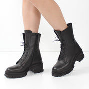 Damen Schwarze Leder-Kampfstiefel mit hohem Blockabsatz (625-23948)