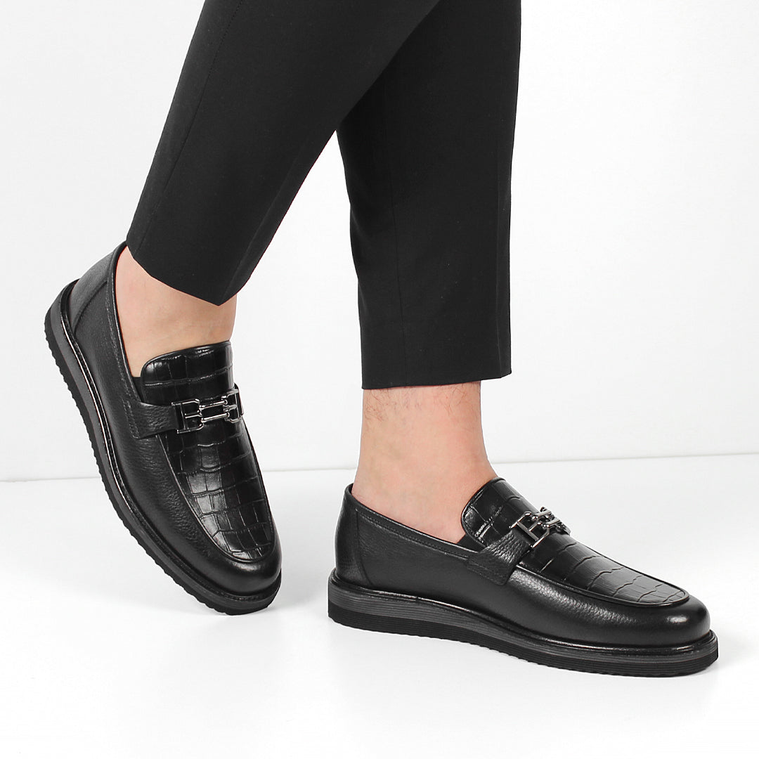 Men's Black Leather Loafers with Croco Pattern (642-1530)