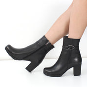 Damen Schwarze Leder-Stiefeletten mit Blockabsatz (669-22621)