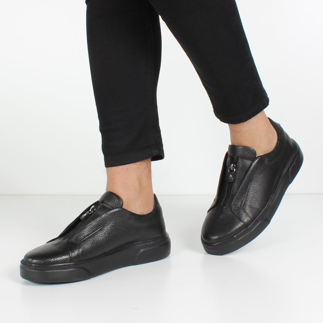 Men's Black Leather Zipper Sneakers (675-117)