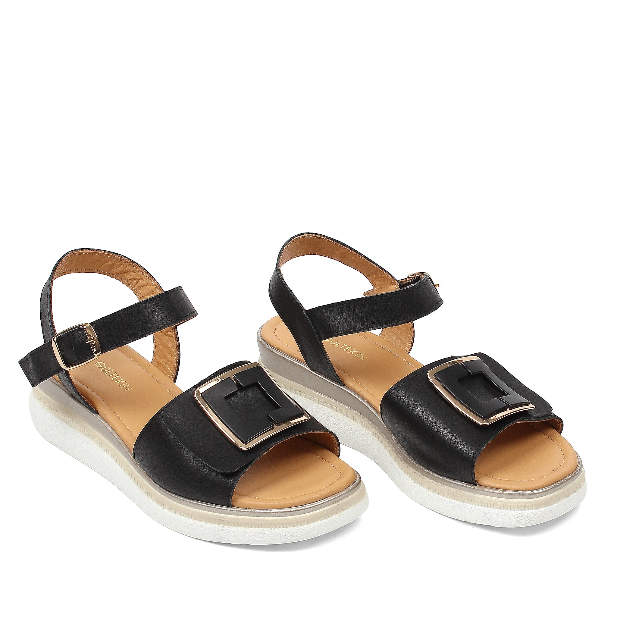 Women’s Black Leather Velcro Strap Platform Sandals (789-42106)