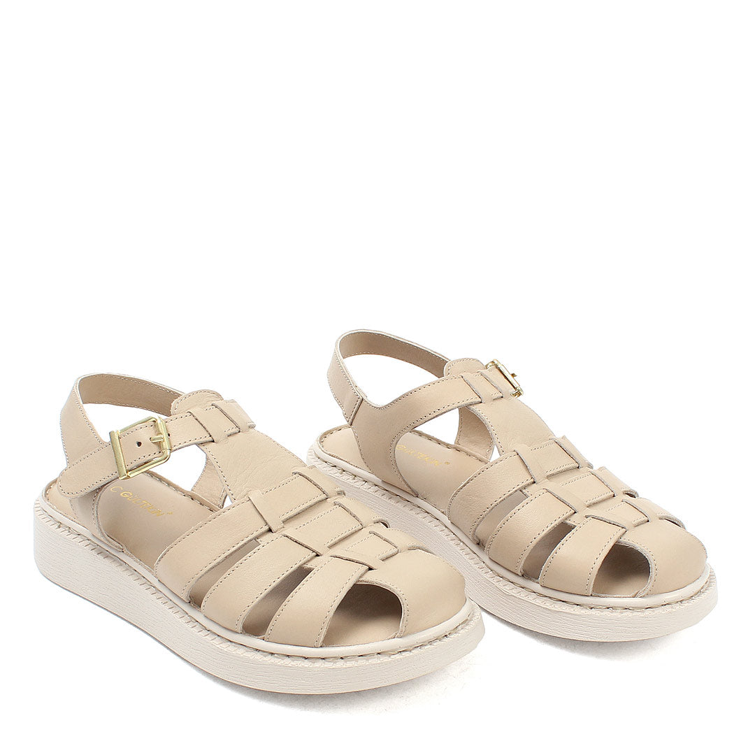 Damen Leder Sandalen Beige mit Verstellbarer Schnalle (366-28216)