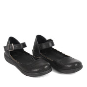 Damen Mary Jane Ballerinas aus schwarzem Leder mit Lochmuster und Schnalle (288-31106)
