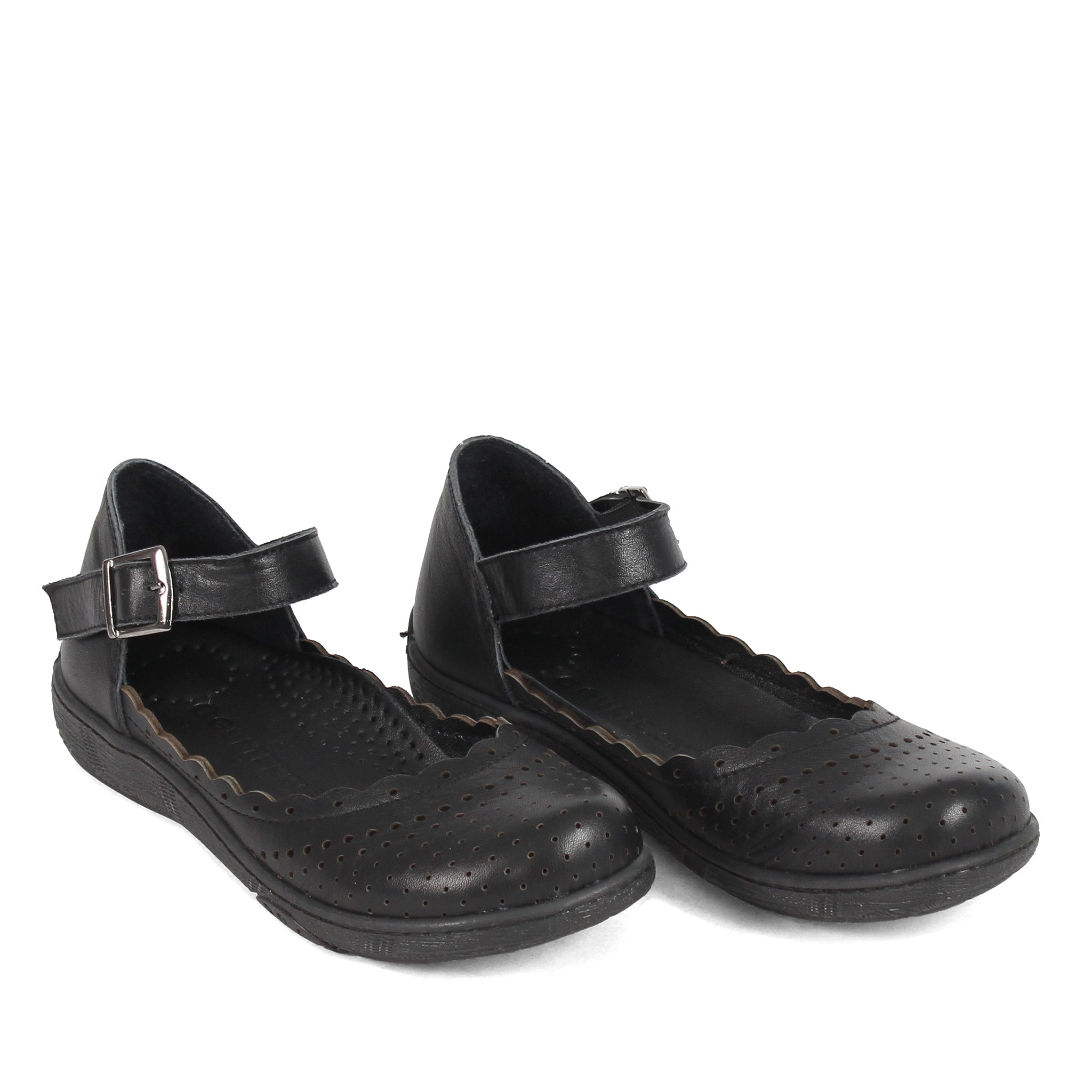 Damen Mary Jane Ballerinas aus schwarzem Leder mit Lochmuster und Schnalle (288-31106)