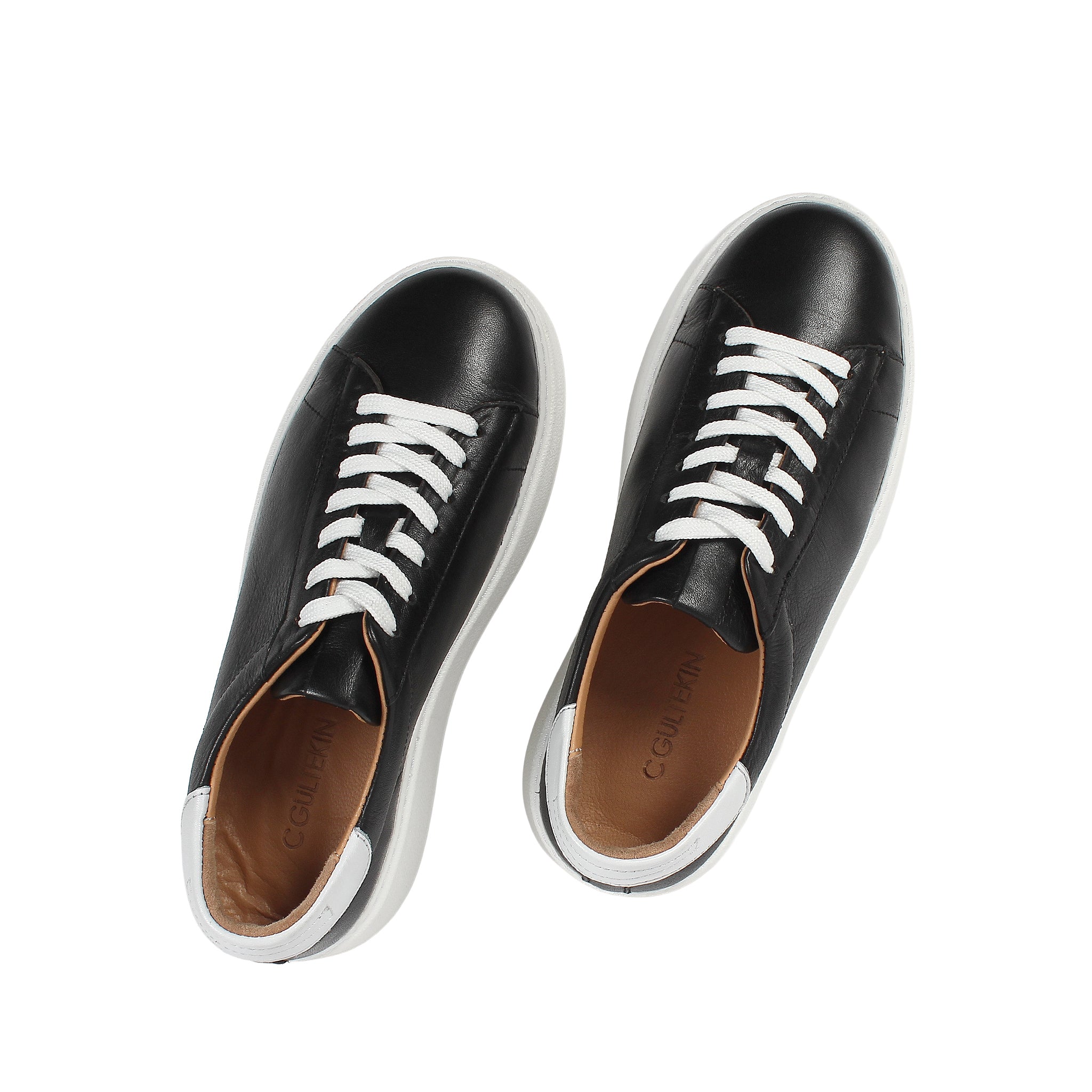 Black Leather Platform Sneakers with Heel  (727-28664)