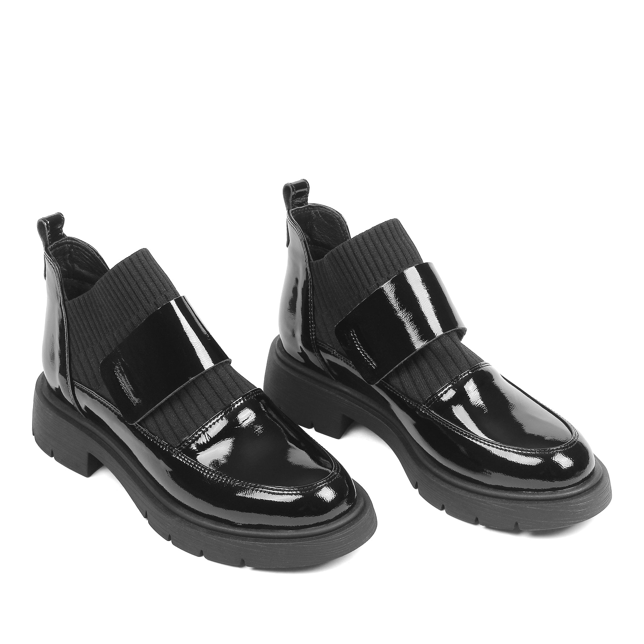 Damen Loafer Boots Schwarz Lackleder mit Strickschaft (013-28811)