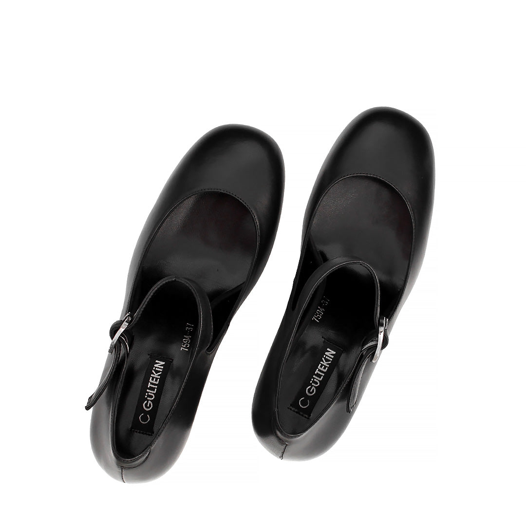 Damen Mary Jane Pumps aus schwarzem Leder mit Blockabsatz und Riemen (752-31700)