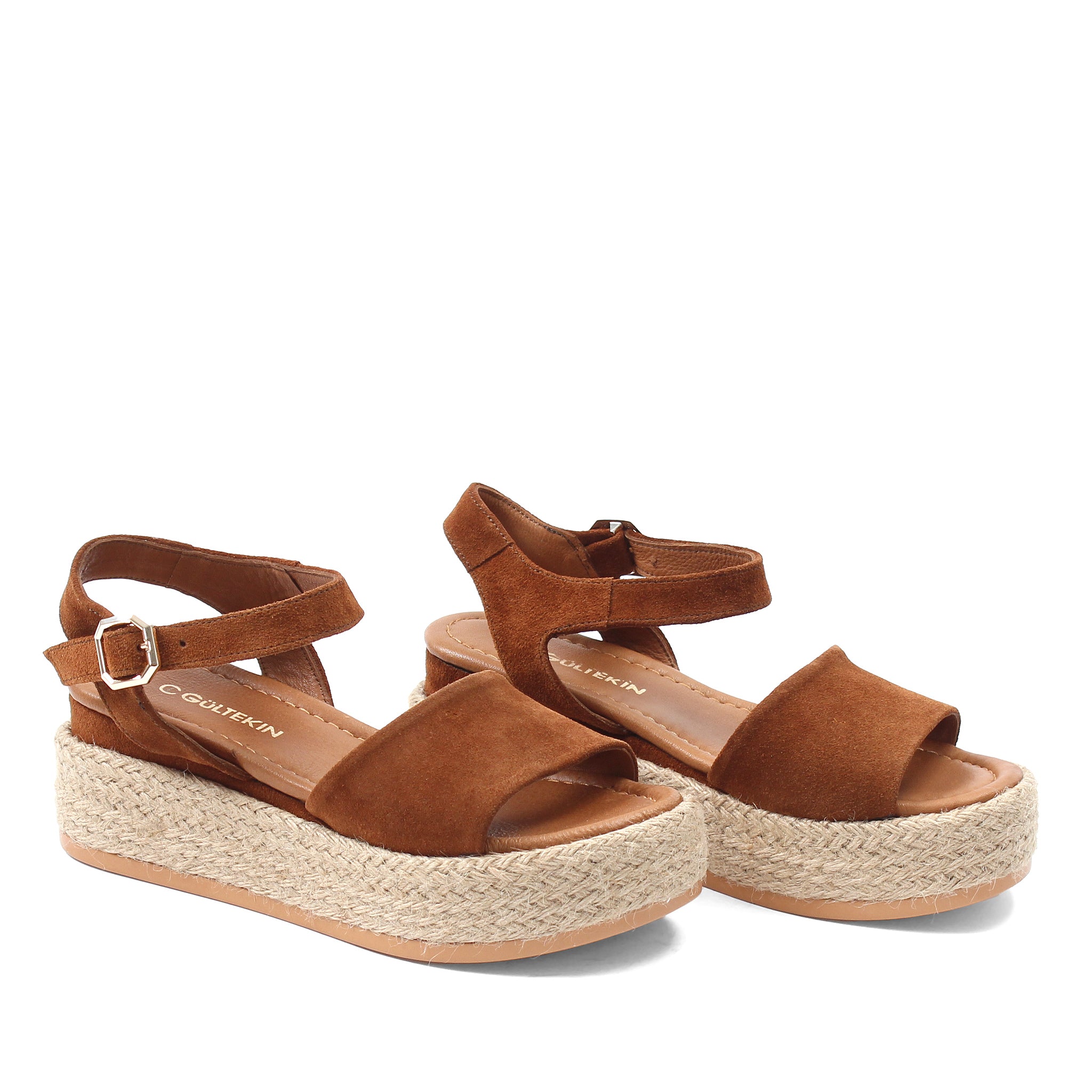 Damen Keilsandalen aus cognacfarbenem Wildleder mit Bastsohle (297-27512)