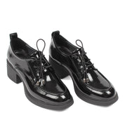 Women's Black Patent Block Heel Oxford Shoes with Laces (727-28639)