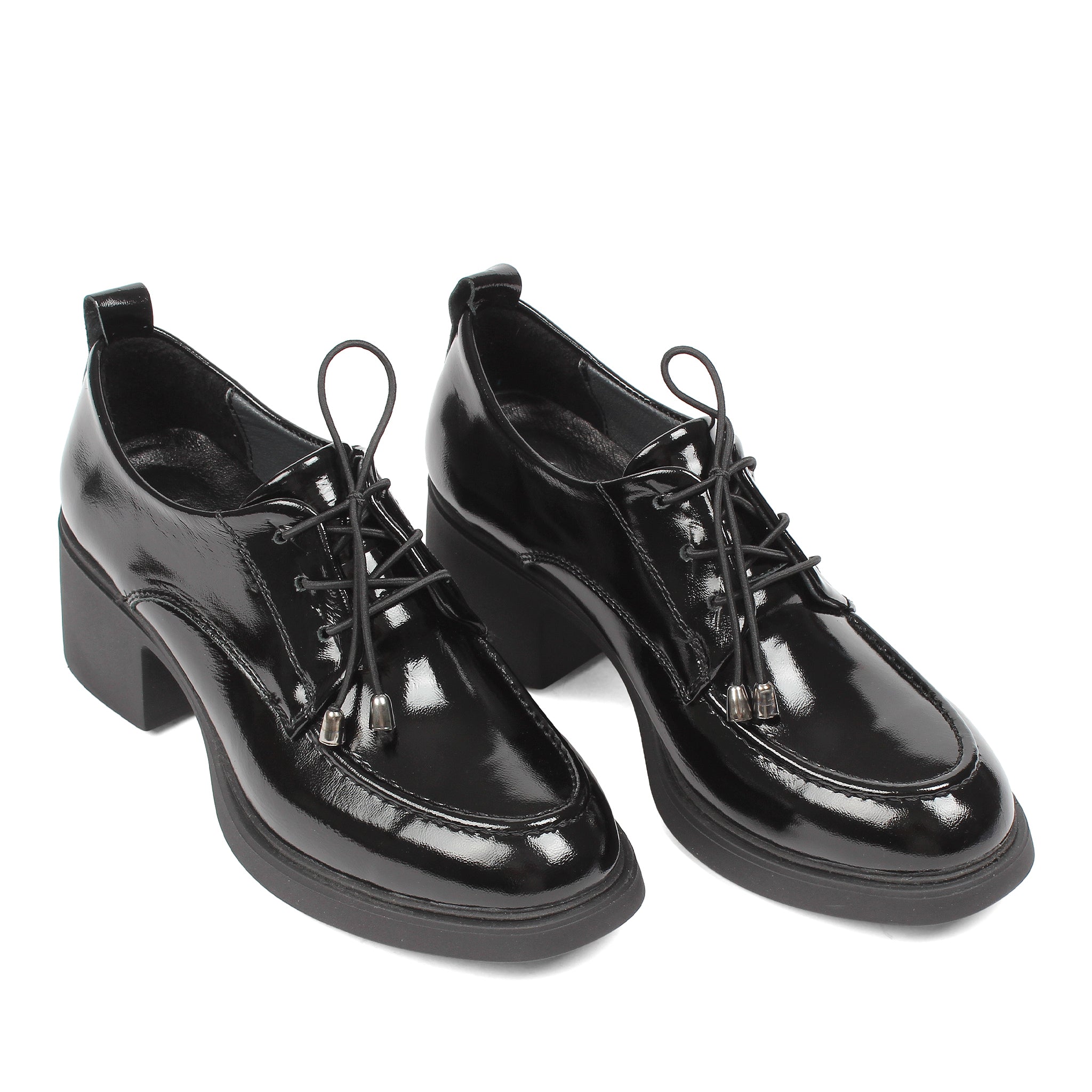 Women's Black Patent Block Heel Oxford Shoes with Laces (727-28639)
