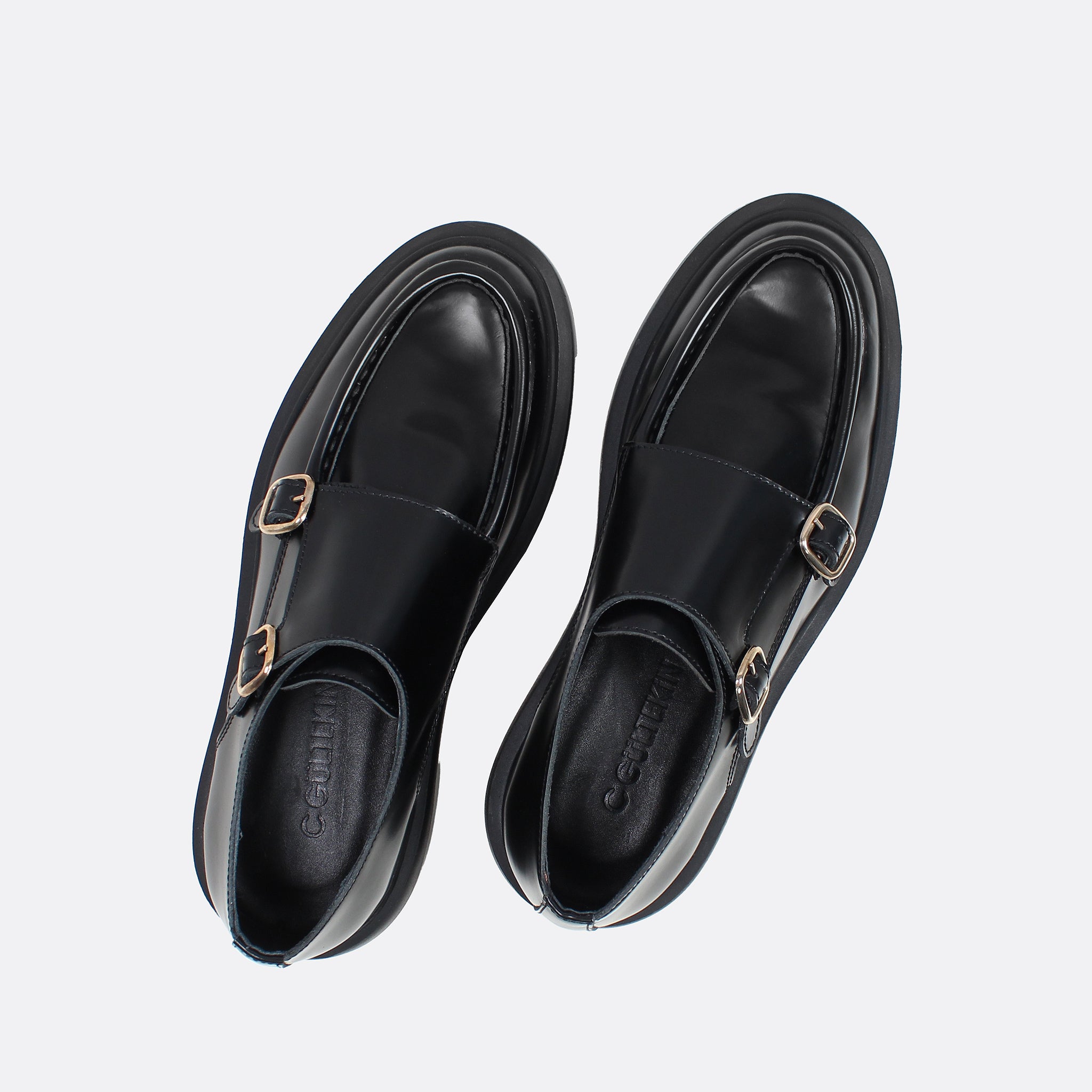 Men’s Black Leather Double Monk Strap Shoes (064-1046)